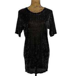 Exclusively Misook S Tunic Top Blouse Elegant Party‎ Black Silver Metalic Ribbed